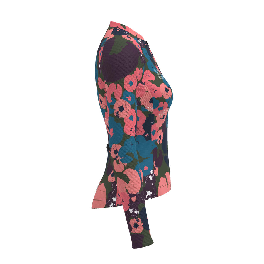women long sleeve flower pink and blue cycling jersey
